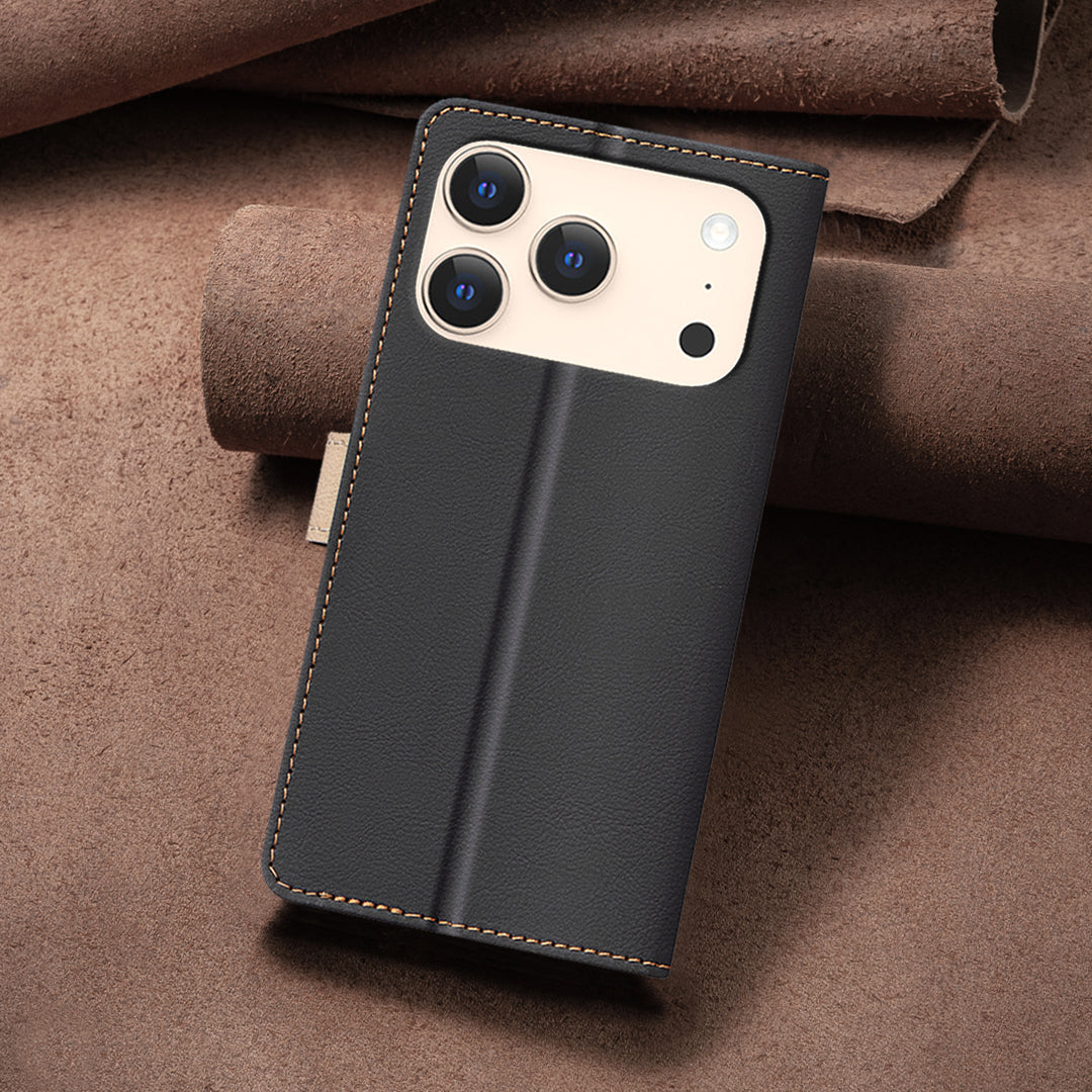 For iPhone 17 Pro Max Leather Case BINFEN COLOR Splicing Color RFID Blocking Wallet Stand Phone Cover - Black