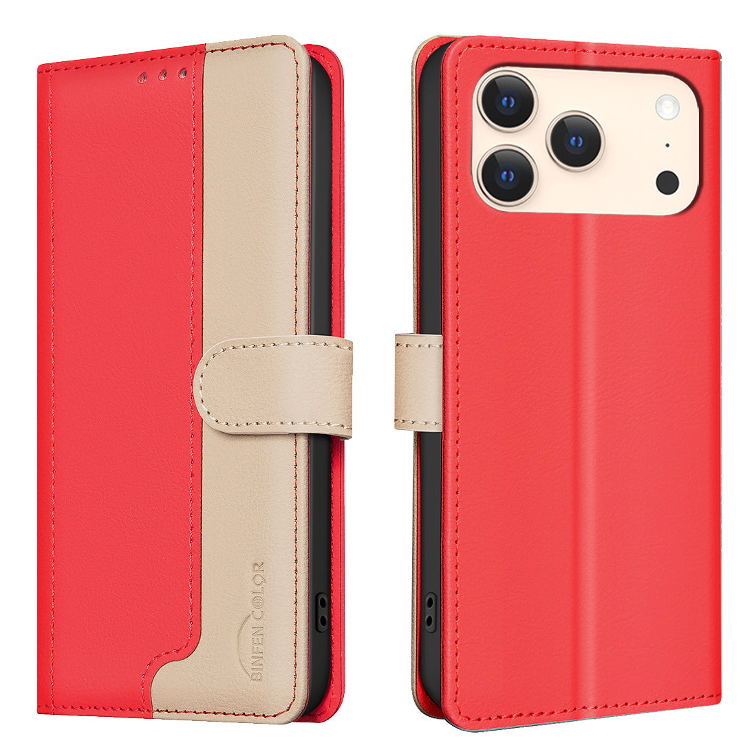 For iPhone 17 Pro Max Leather Case BINFEN COLOR Splicing Color RFID Blocking Wallet Stand Phone Cover - Red