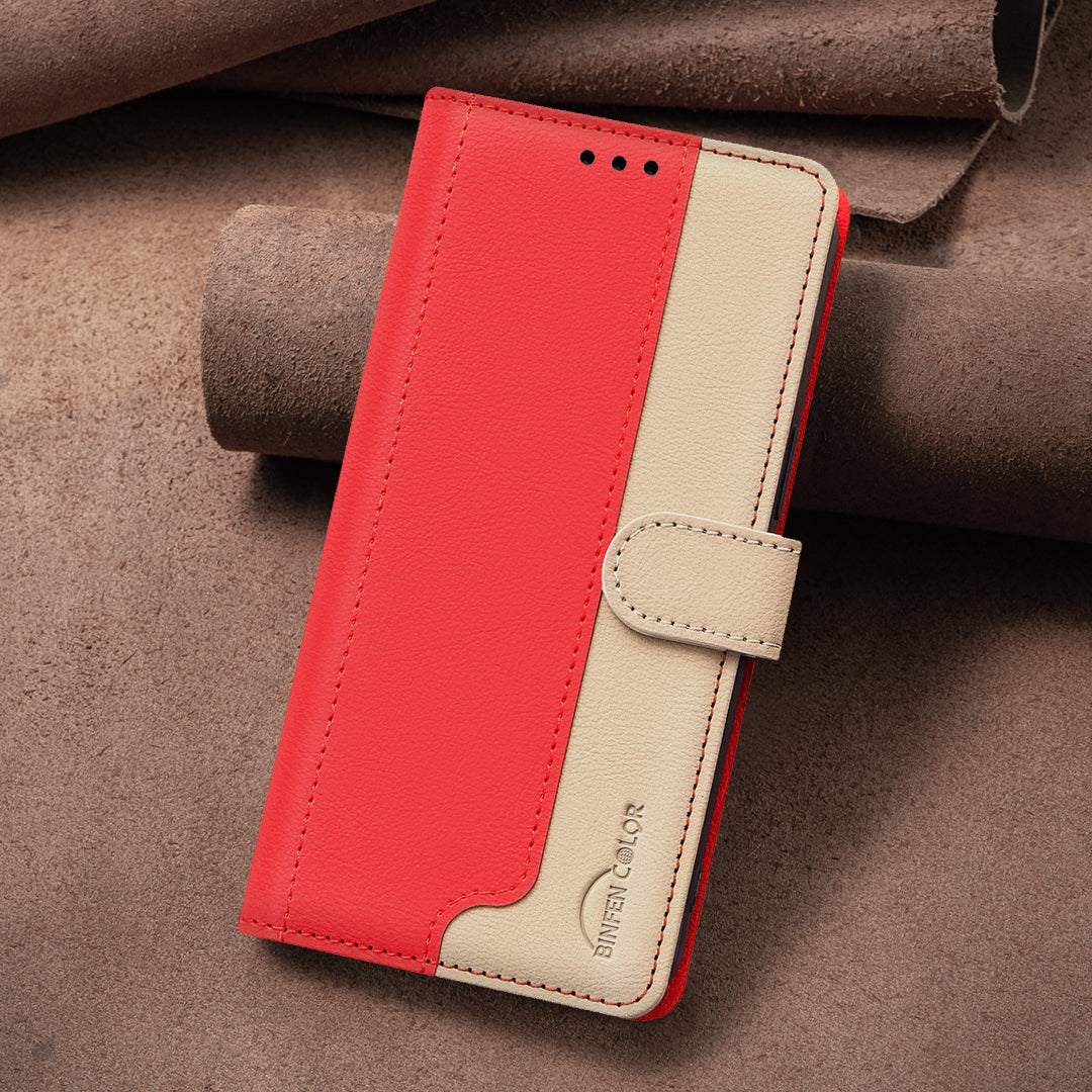 For iPhone 17 Pro Max Leather Case BINFEN COLOR Splicing Color RFID Blocking Wallet Stand Phone Cover - Red