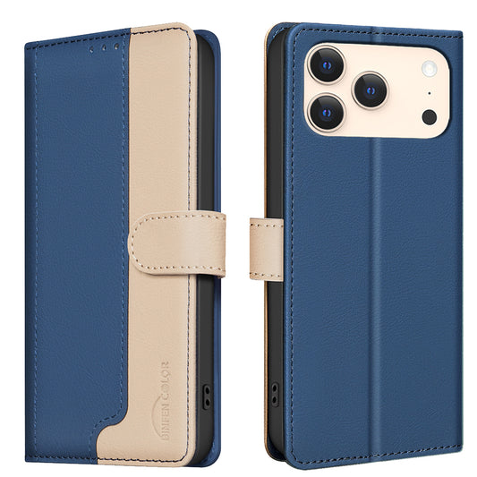 For iPhone 17 Pro Max Leather Case BINFEN COLOR Splicing Color RFID Blocking Wallet Stand Phone Cover - Blue
