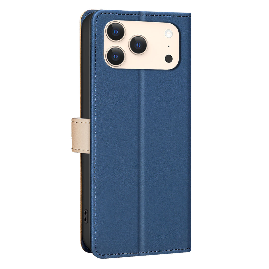 For iPhone 17 Pro Max Leather Case BINFEN COLOR Splicing Color RFID Blocking Wallet Stand Phone Cover - Blue