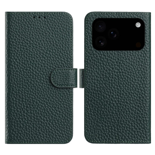 For iPhone 17 Pro Max Case Wallet Stand Litchi Texture Genuine Cow Leather Flip Phone Cover - Green