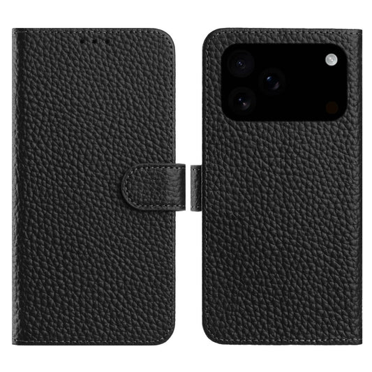 For iPhone 17 Pro Max Case Wallet Stand Litchi Texture Genuine Cow Leather Flip Phone Cover - Black
