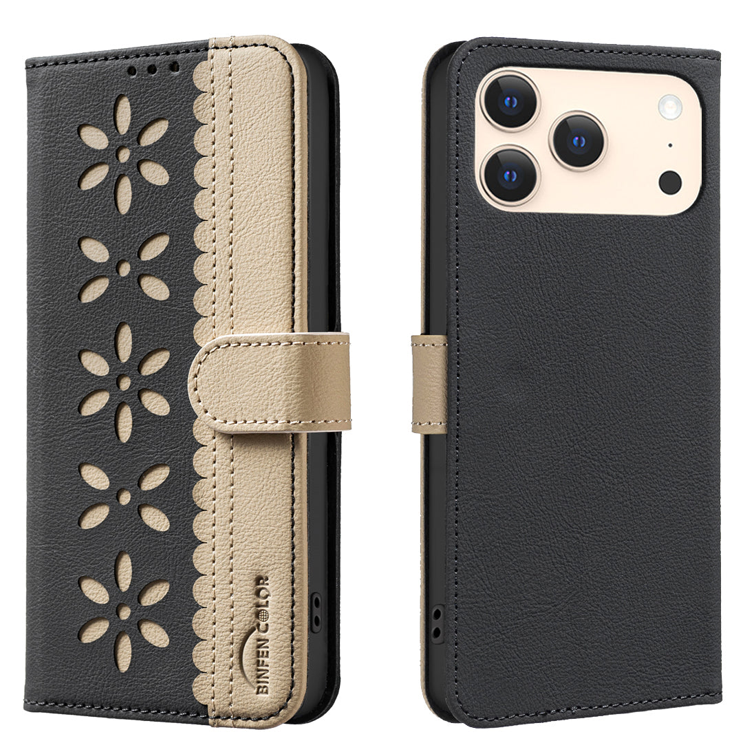 For iPhone 17 Pro Max Leather Case BINFEN COLOR BF36 Floral Pattern Phone Cover RFID Blocking Wallet Stand - Black