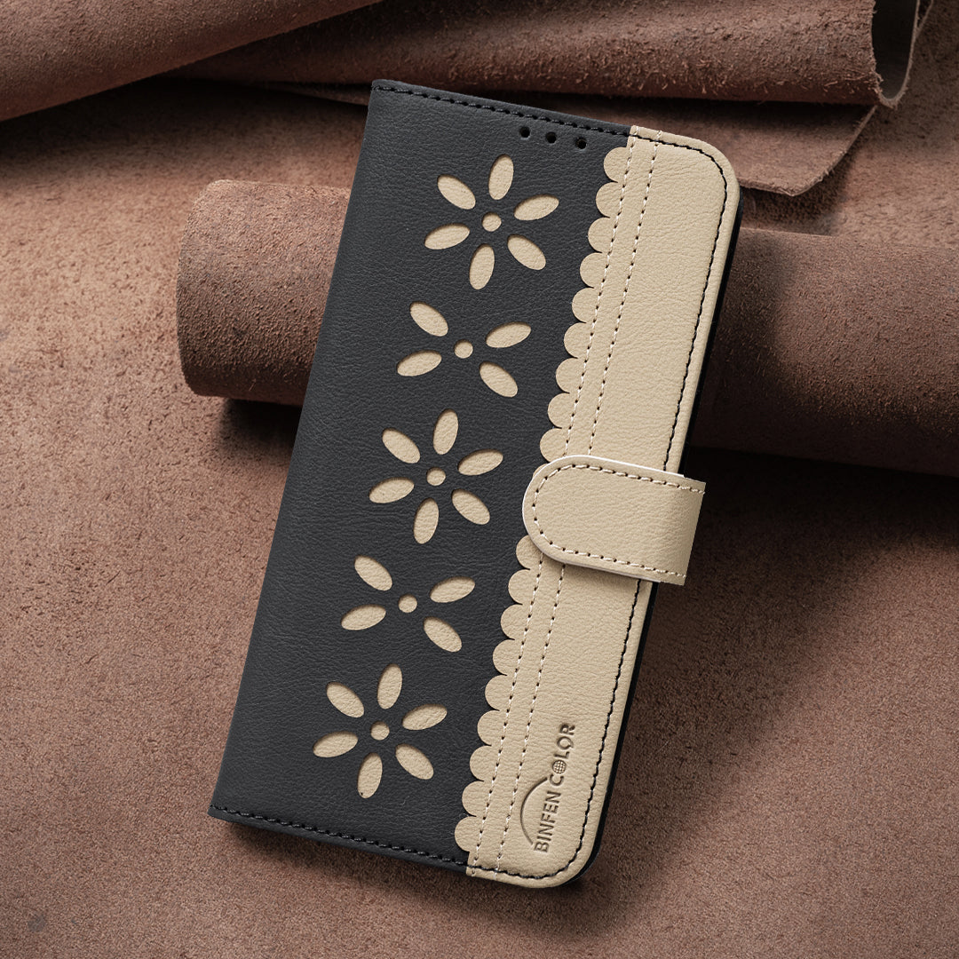For iPhone 17 Pro Max Leather Case BINFEN COLOR BF36 Floral Pattern Phone Cover RFID Blocking Wallet Stand - Black