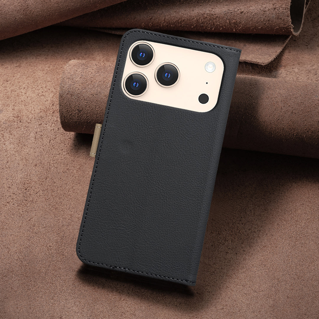 For iPhone 17 Pro Max Leather Case BINFEN COLOR BF36 Floral Pattern Phone Cover RFID Blocking Wallet Stand - Black