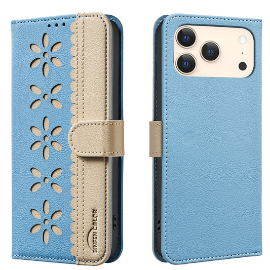 For iPhone 17 Pro Max Leather Case BINFEN COLOR BF36 Floral Pattern Phone Cover RFID Blocking Wallet Stand - Baby Blue