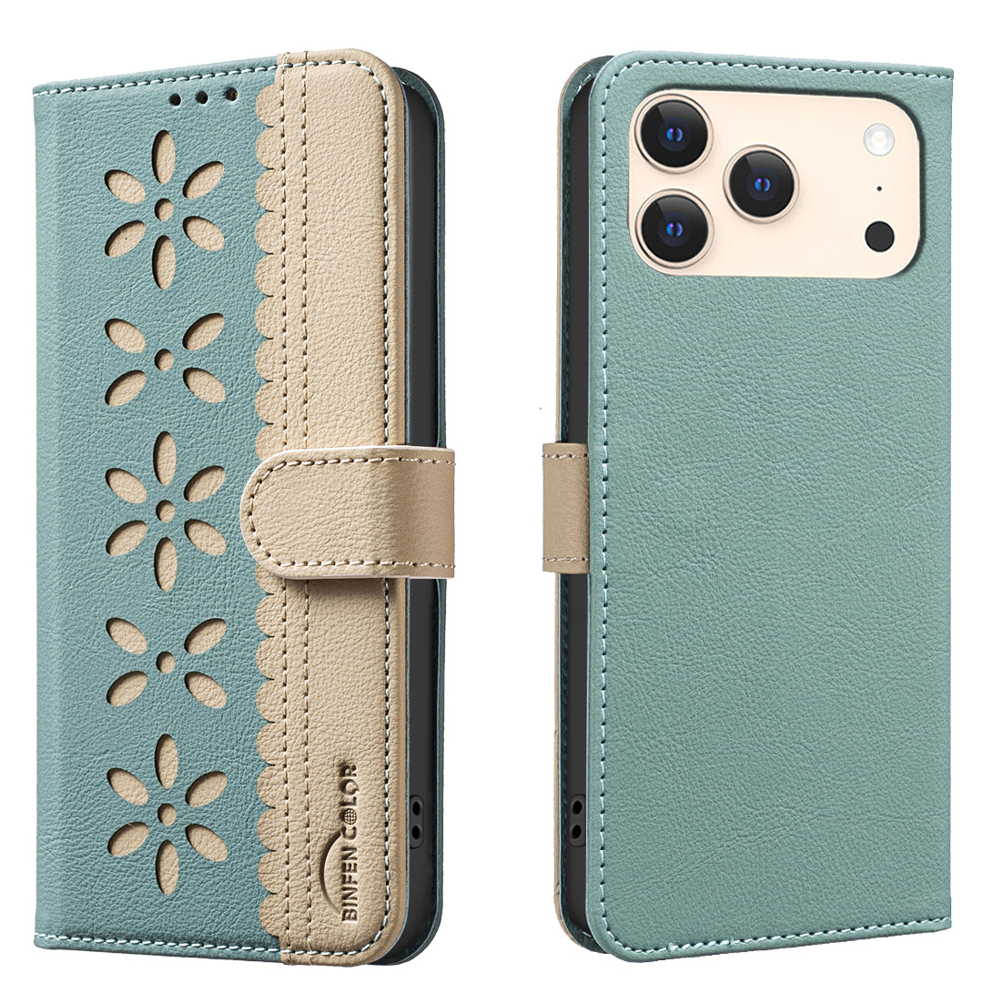 For iPhone 17 Pro Max Leather Case BINFEN COLOR BF36 Floral Pattern Phone Cover RFID Blocking Wallet Stand - Green