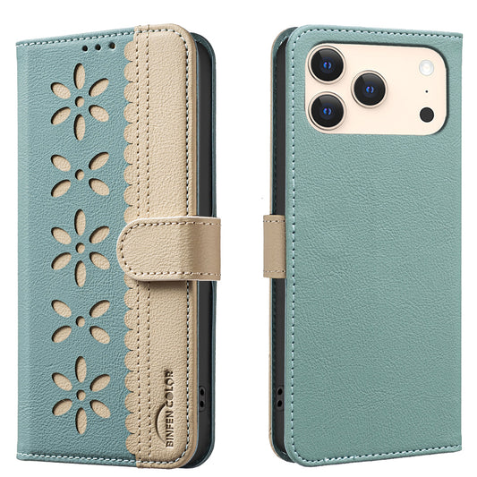 For iPhone 17 Pro Max Leather Case BINFEN COLOR BF36 Floral Pattern Phone Cover RFID Blocking Wallet Stand - Green