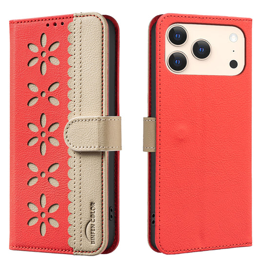 For iPhone 17 Pro Max Leather Case BINFEN COLOR BF36 Floral Pattern Phone Cover RFID Blocking Wallet Stand - Red