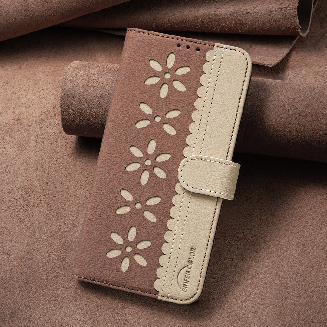 For iPhone 17 Pro Max Leather Case BINFEN COLOR BF36 Floral Pattern Phone Cover RFID Blocking Wallet Stand - Brown