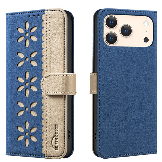 For iPhone 17 Pro Max Leather Case BINFEN COLOR BF36 Floral Pattern Phone Cover RFID Blocking Wallet Stand - Dark Blue