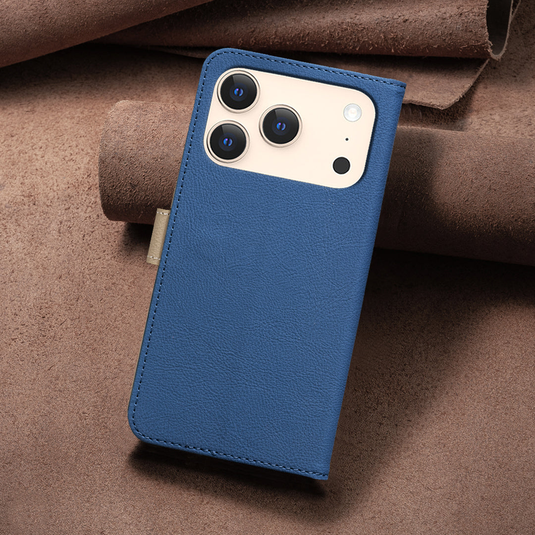 For iPhone 17 Pro Max Leather Case BINFEN COLOR BF36 Floral Pattern Phone Cover RFID Blocking Wallet Stand - Dark Blue