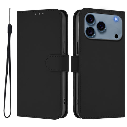 For iPhone 17 Pro Max Case Solid Color Wallet Leather Phone Cover with Strap - Black