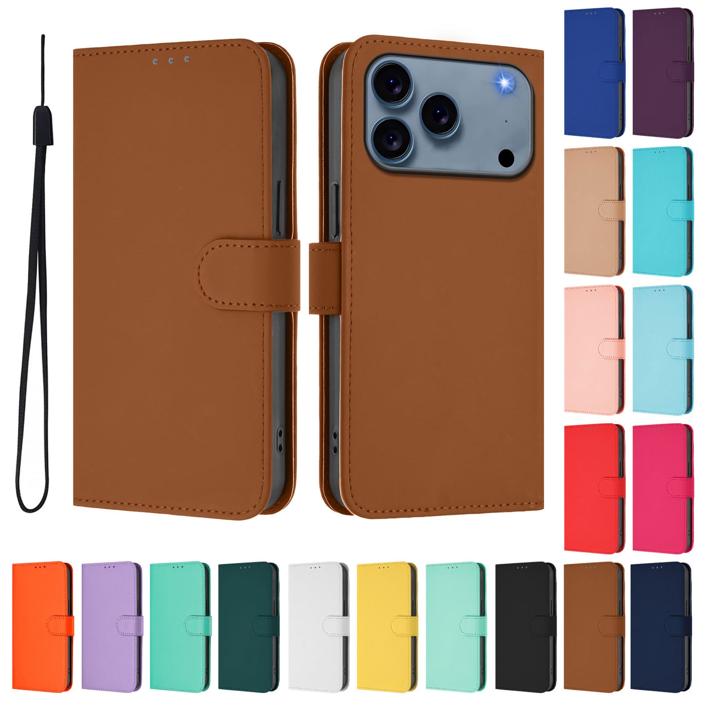 For iPhone 17 Pro Max Case Solid Color Wallet Leather Phone Cover with Strap - Brown
