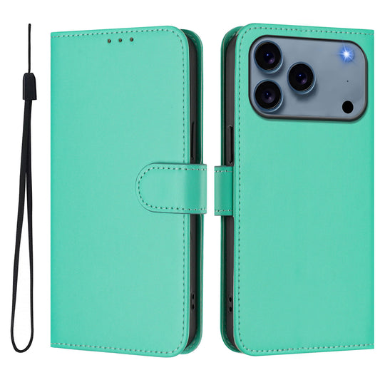 For iPhone 17 Pro Max Case Solid Color Wallet Leather Phone Cover with Strap - Green