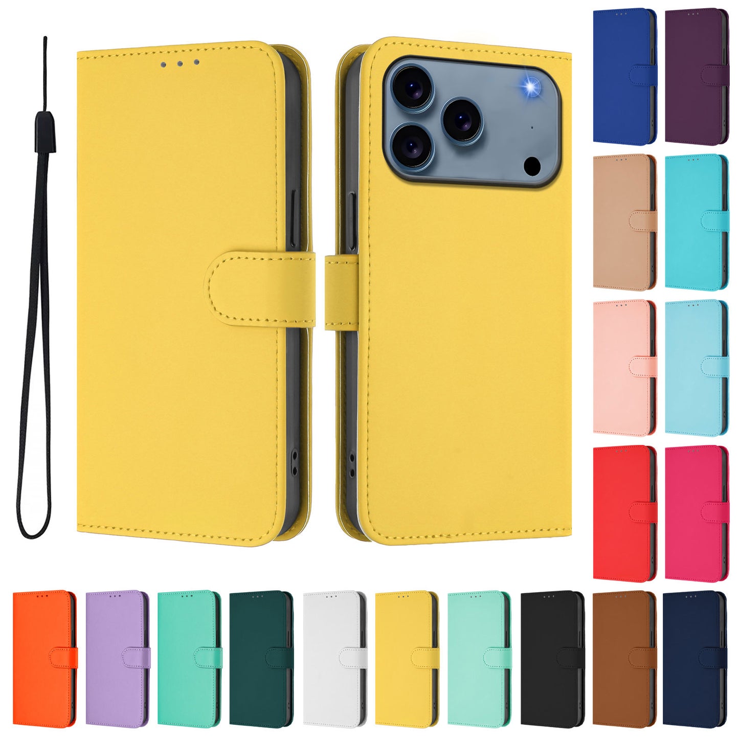 For iPhone 17 Pro Max Case Solid Color Wallet Leather Phone Cover with Strap - Lemon