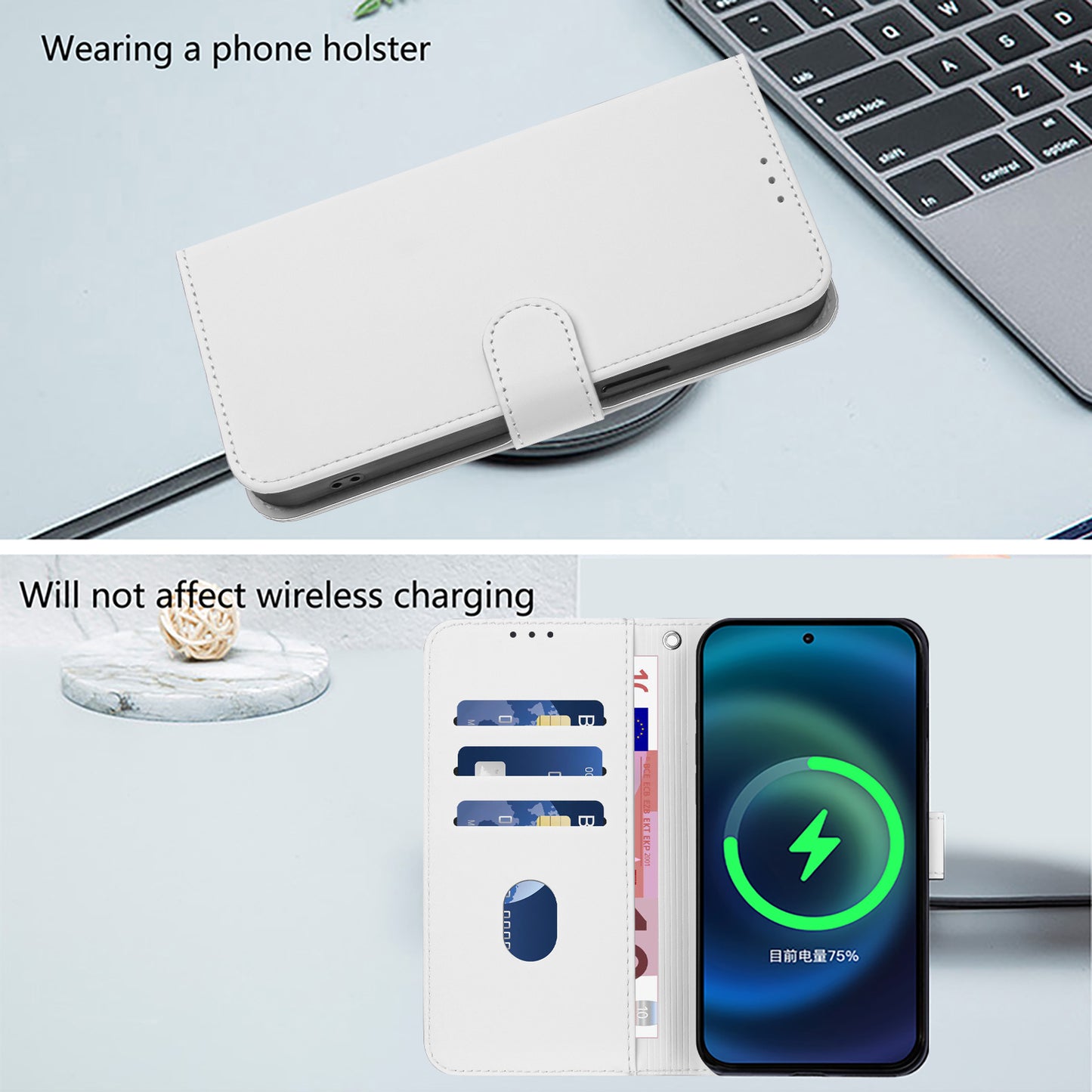 For iPhone 17 Pro Max Case Solid Color Wallet Leather Phone Cover with Strap - White