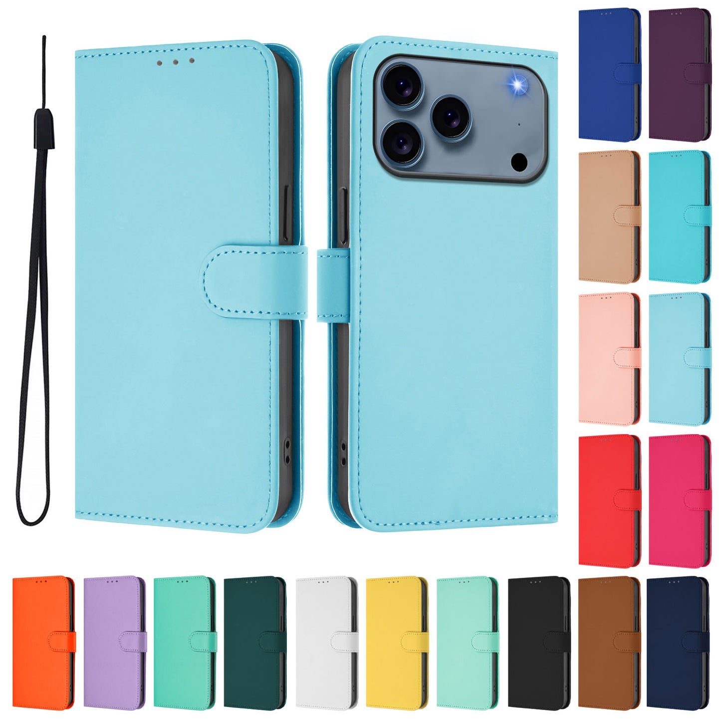For iPhone 17 Pro Max Case Solid Color Wallet Leather Phone Cover with Strap - Sky Blue