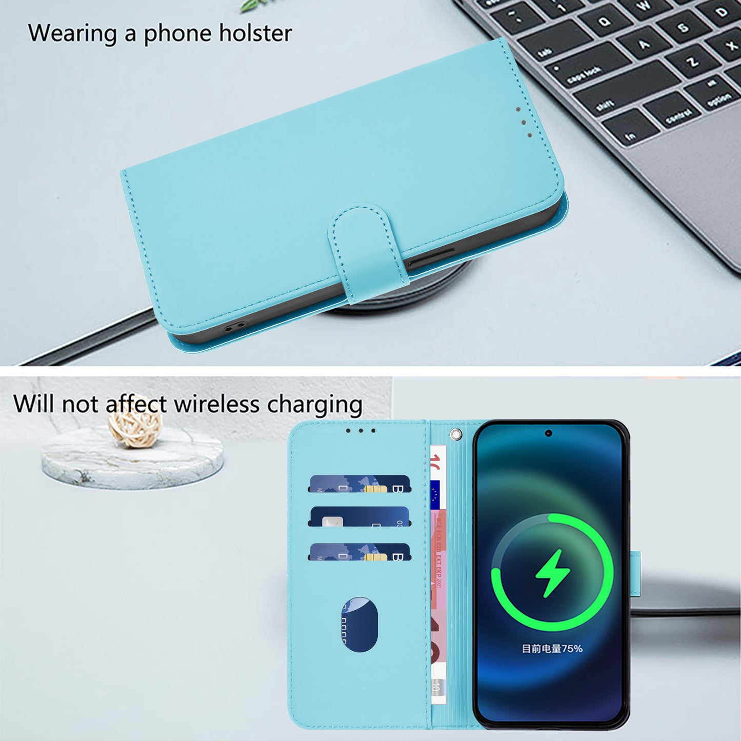 For iPhone 17 Pro Max Case Solid Color Wallet Leather Phone Cover with Strap - Sky Blue