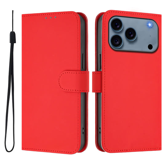 For iPhone 17 Pro Max Case Solid Color Wallet Leather Phone Cover with Strap - Bright Red
