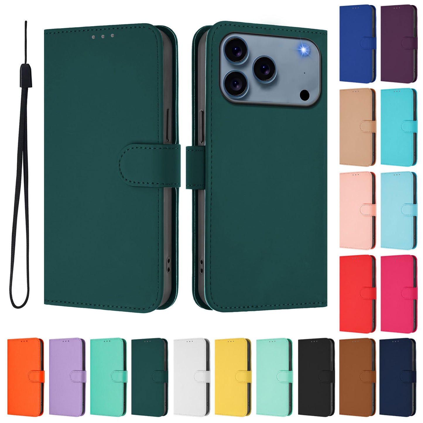 For iPhone 17 Pro Max Case Solid Color Wallet Leather Phone Cover with Strap - Dark Green