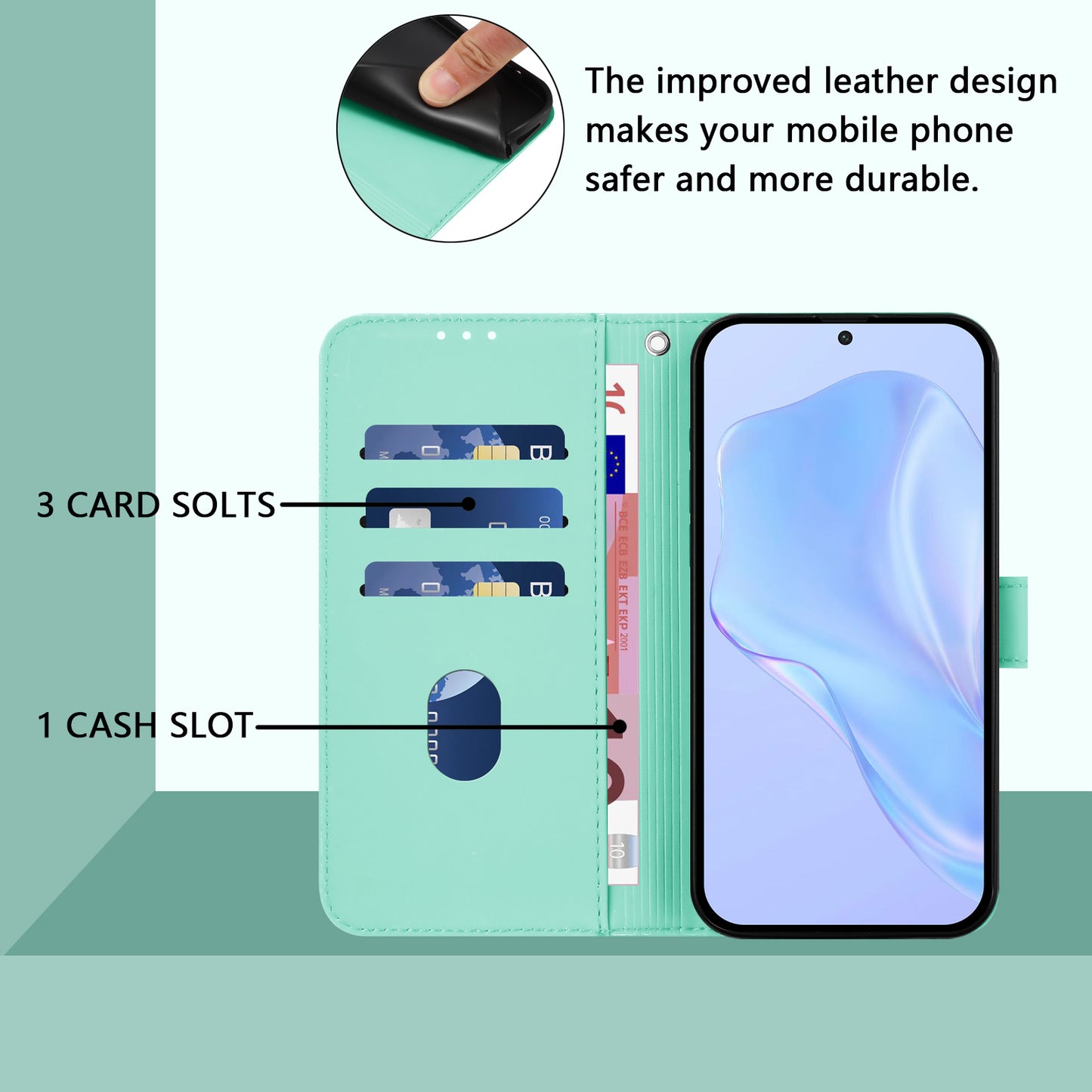 For iPhone 17 Pro Max Case Solid Color Wallet Leather Phone Cover with Strap - Mint Green