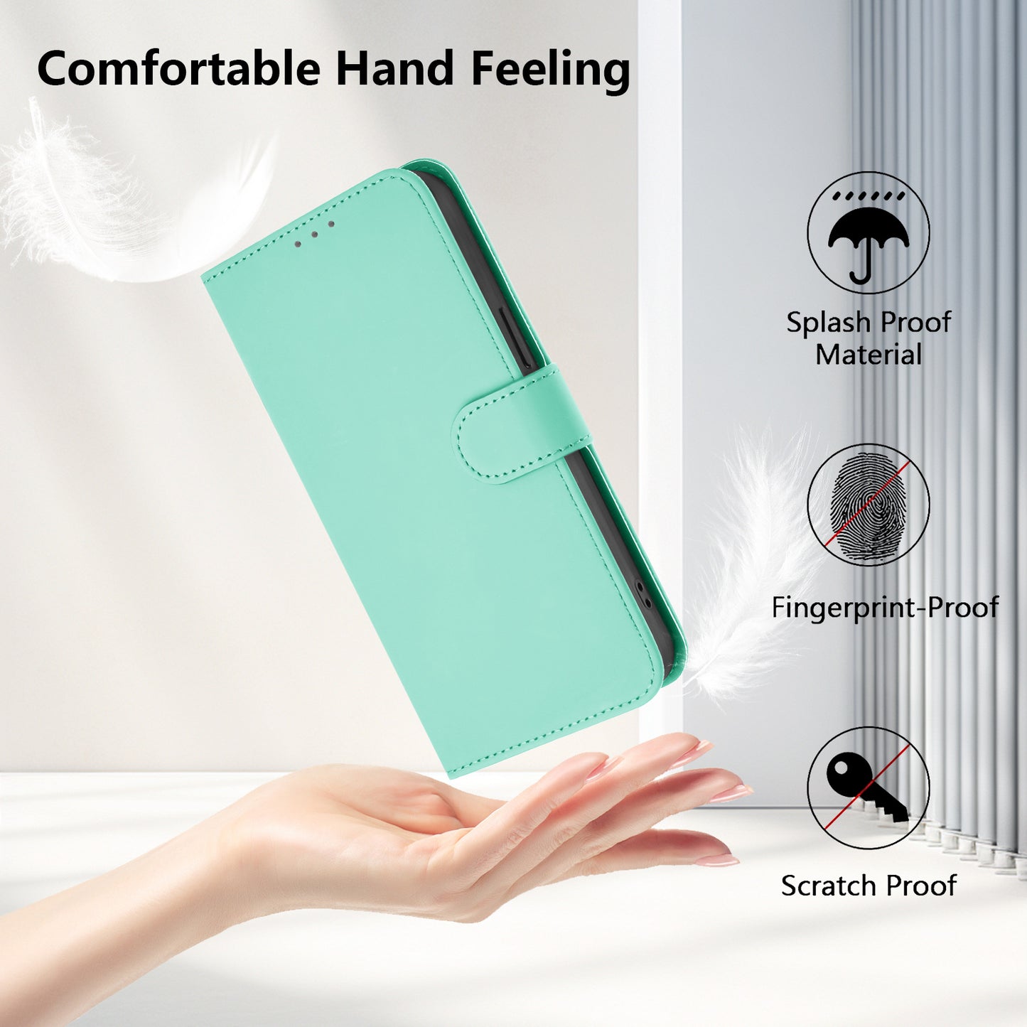 For iPhone 17 Pro Max Case Solid Color Wallet Leather Phone Cover with Strap - Mint Green
