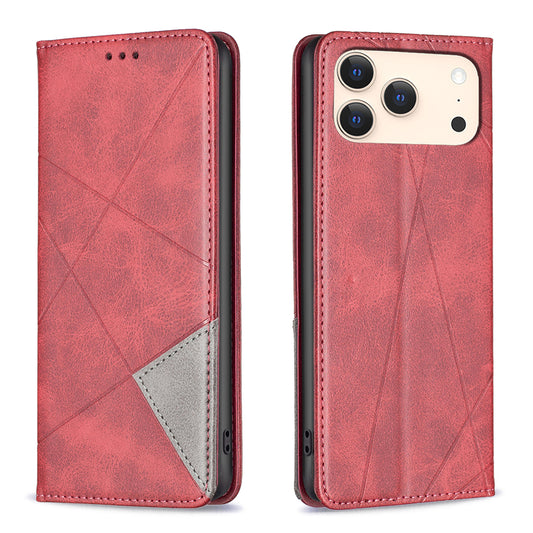 For iPhone 17 Pro Max Case Card Slots Geometry Imprint Leather Phone Cover - Red