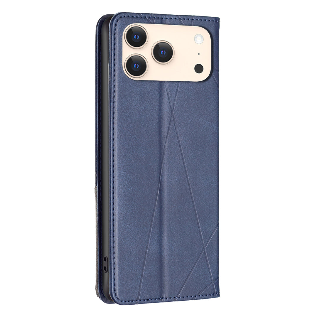 For iPhone 17 Pro Max Case Card Slots Geometry Imprint Leather Phone Cover - Blue