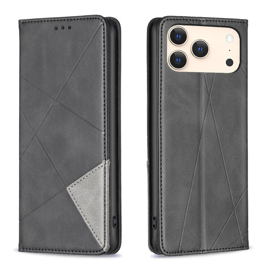 For iPhone 17 Pro Max Case Card Slots Geometry Imprint Leather Phone Cover - Black