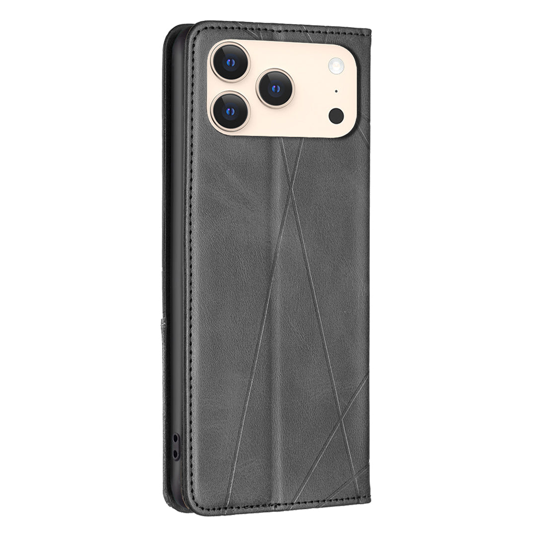For iPhone 17 Pro Max Case Card Slots Geometry Imprint Leather Phone Cover - Black