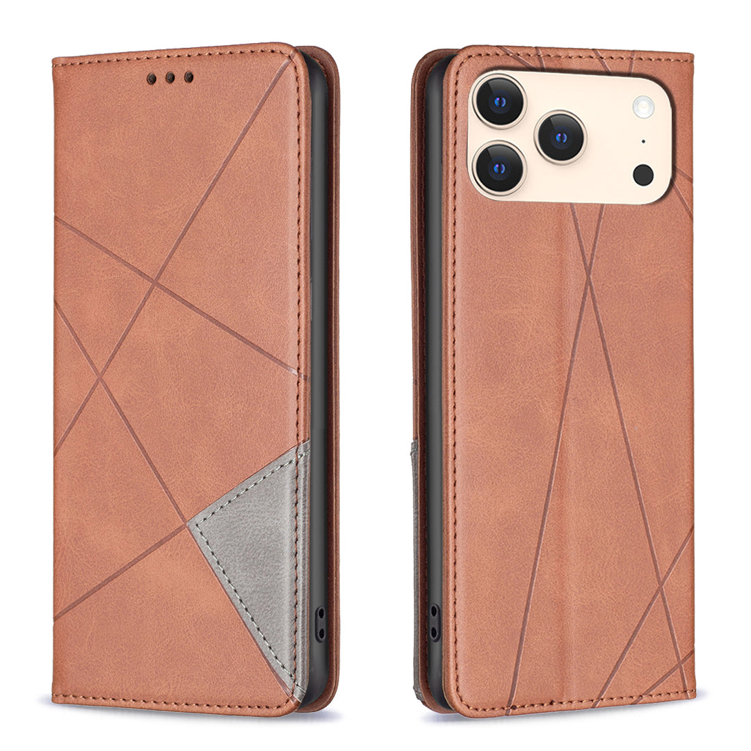 For iPhone 17 Pro Max Case Card Slots Geometry Imprint Leather Phone Cover - Brown