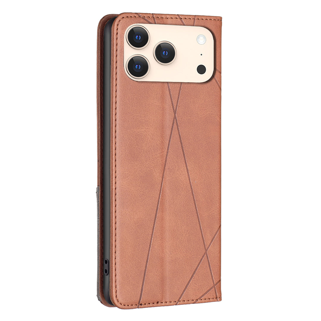 For iPhone 17 Pro Max Case Card Slots Geometry Imprint Leather Phone Cover - Brown