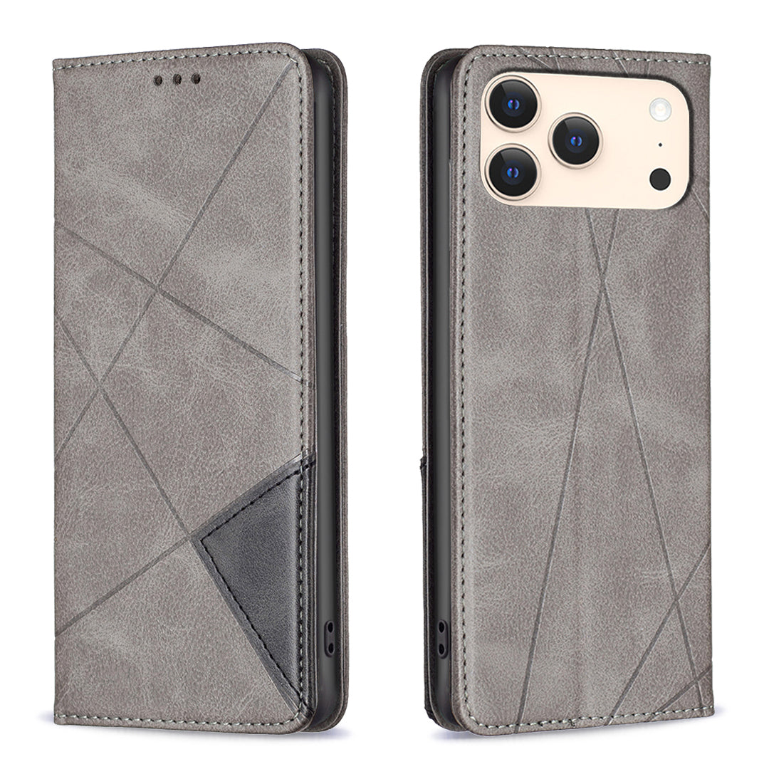 For iPhone 17 Pro Max Case Card Slots Geometry Imprint Leather Phone Cover - Grey