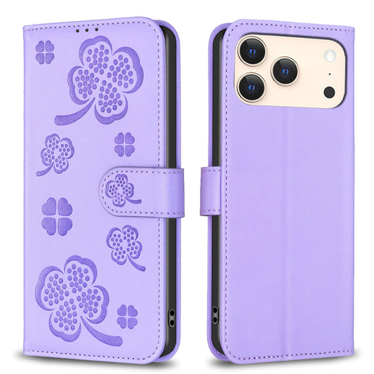 For iPhone 17 Pro Max Case Clover Pattern Wallet Stand View Leather Phone Cover - Purple