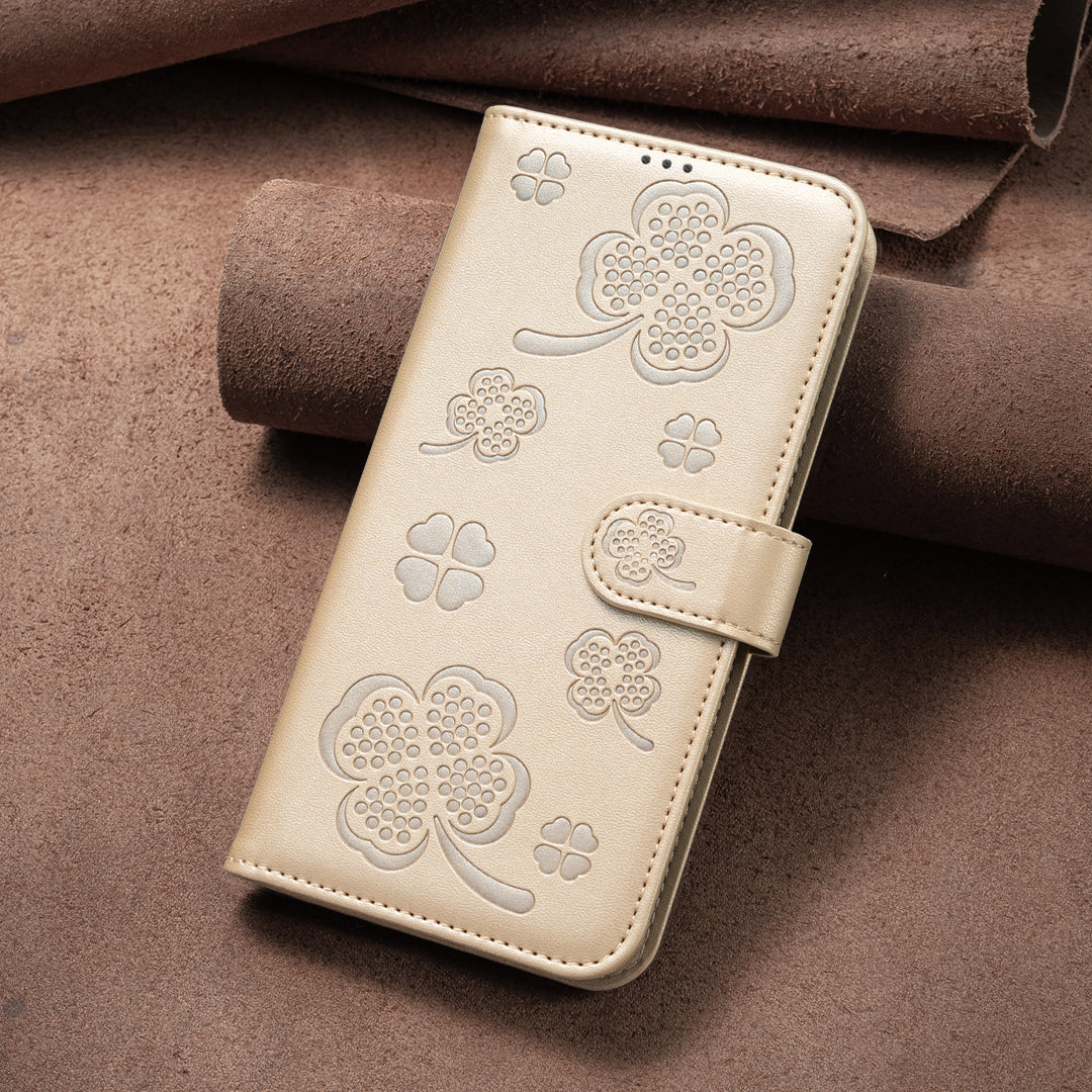 For iPhone 17 Pro Max Case Clover Pattern Wallet Stand View Leather Phone Cover - Gold