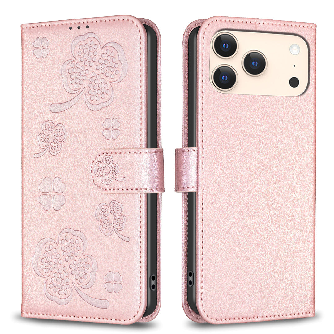 For iPhone 17 Pro Max Case Clover Pattern Wallet Stand View Leather Phone Cover - Pink