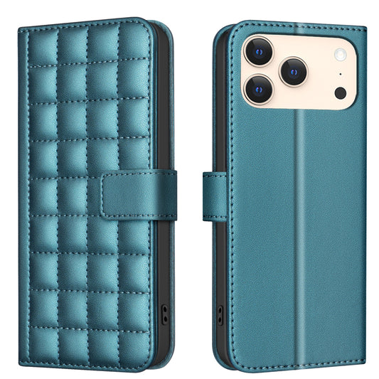 For iPhone 17 Pro Max Leather Case BINFEN COLOR Square Grid Wallet Stand Phone Cover - Blue