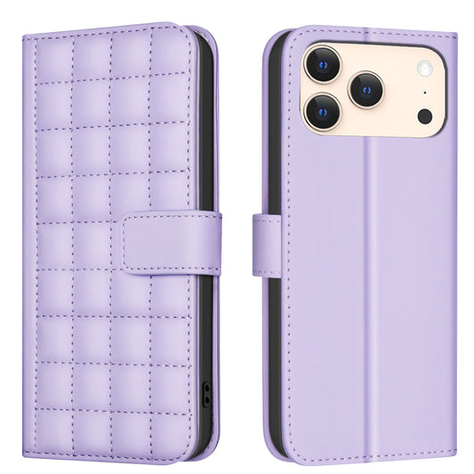 For iPhone 17 Pro Max Leather Case BINFEN COLOR Square Grid Wallet Stand Phone Cover - Purple