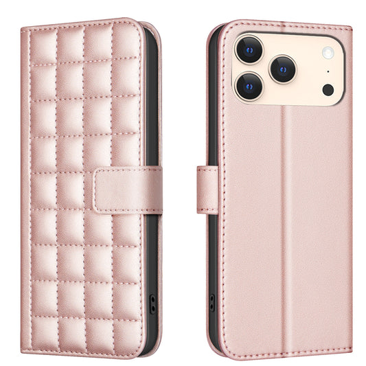 For iPhone 17 Pro Max Leather Case BINFEN COLOR Square Grid Wallet Stand Phone Cover - Rose Gold