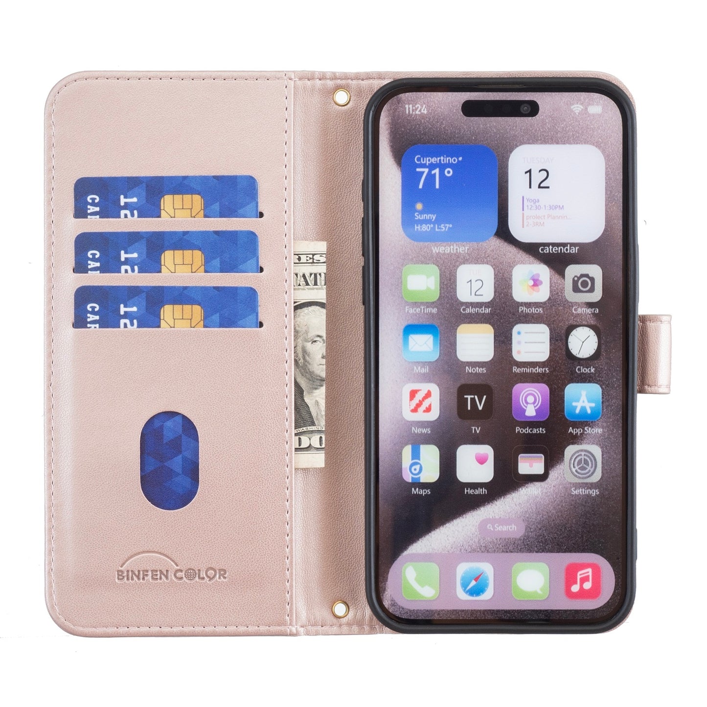 For iPhone 17 Pro Max Leather Case BINFEN COLOR Square Grid Wallet Stand Phone Cover - Rose Gold