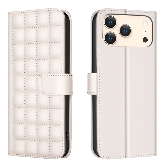 For iPhone 17 Pro Max Leather Case BINFEN COLOR Square Grid Wallet Stand Phone Cover - Beige