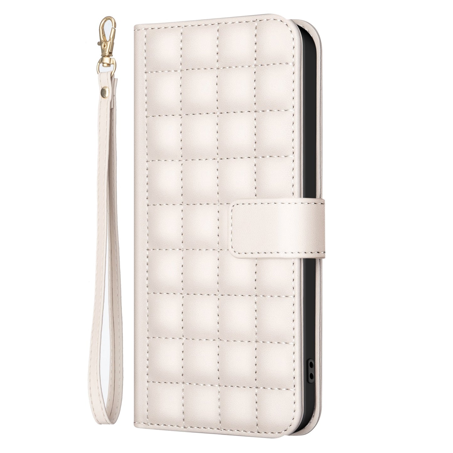 For iPhone 17 Pro Max Leather Case BINFEN COLOR Square Grid Wallet Stand Phone Cover - Beige
