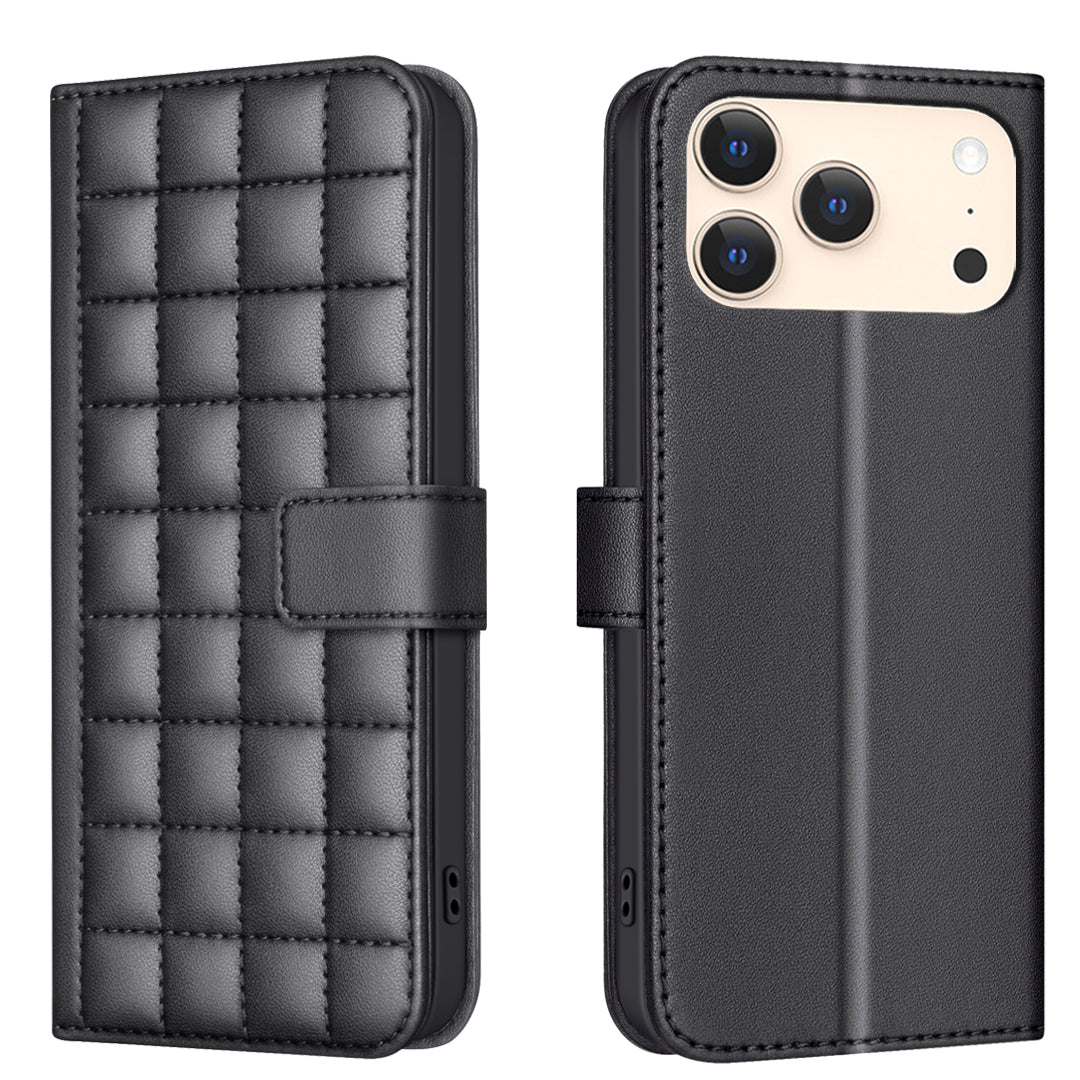 For iPhone 17 Pro Max Leather Case BINFEN COLOR Square Grid Wallet Stand Phone Cover - Black