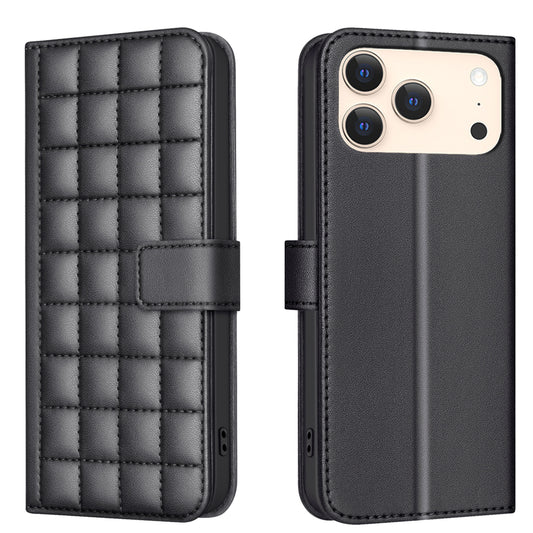 For iPhone 17 Pro Max Leather Case BINFEN COLOR Square Grid Wallet Stand Phone Cover - Black