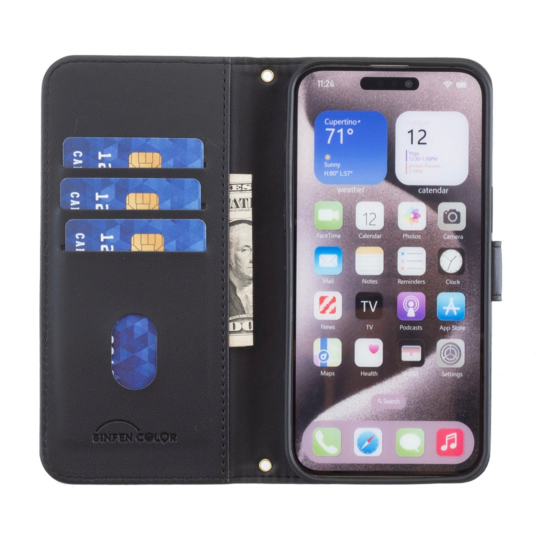 For iPhone 17 Pro Max Leather Case BINFEN COLOR Square Grid Wallet Stand Phone Cover - Black