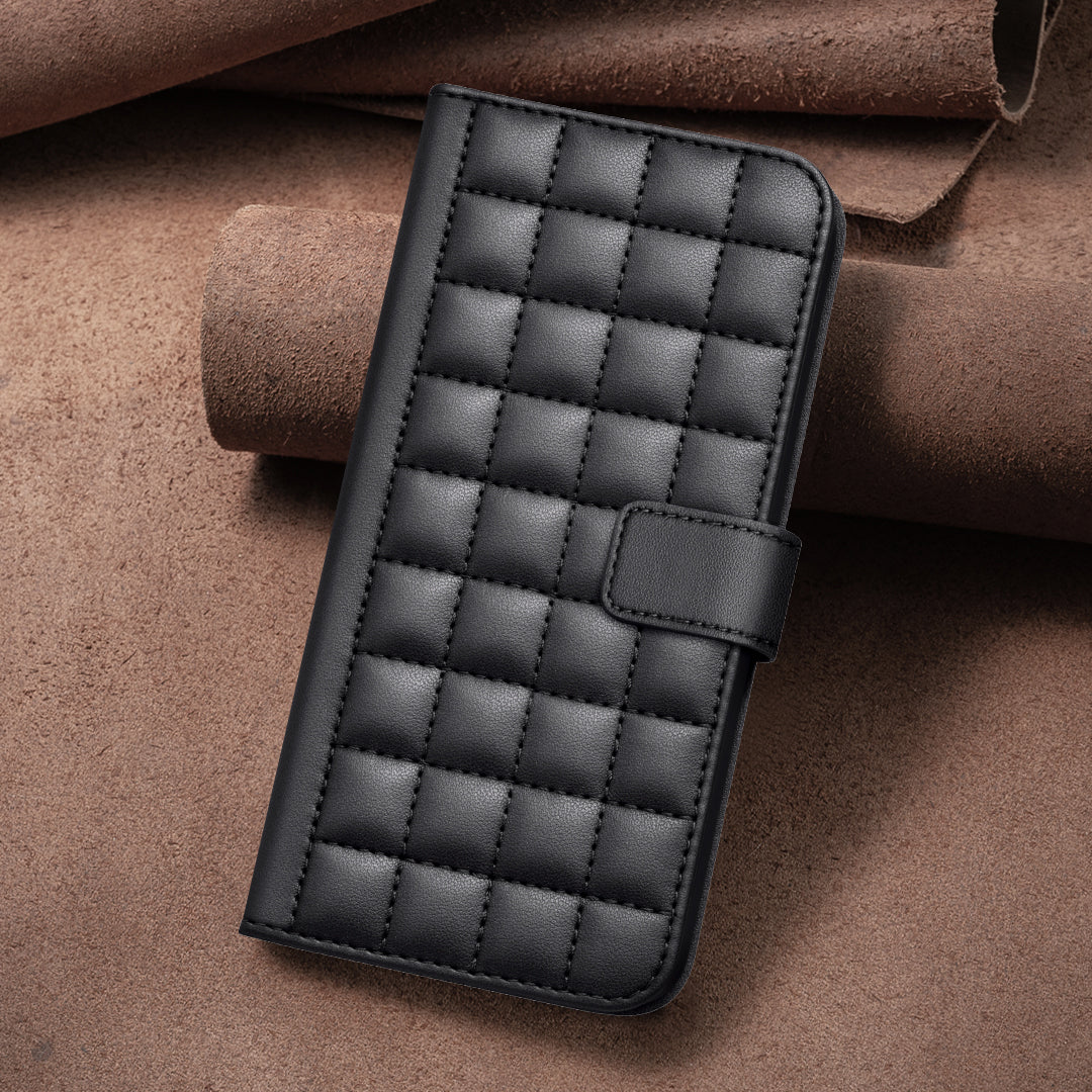 For iPhone 17 Pro Max Leather Case BINFEN COLOR Square Grid Wallet Stand Phone Cover - Black
