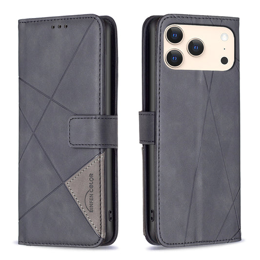 For iPhone 17 Pro Max Phone Case BINFEN COLOR Wallet Stand Geometry Imprinted Leather Cover - Black