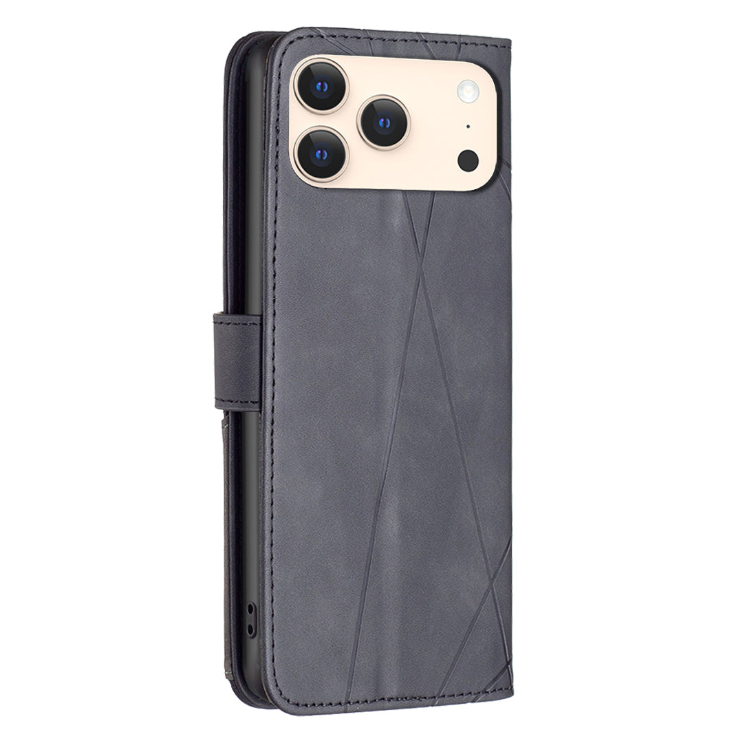 For iPhone 17 Pro Max Phone Case BINFEN COLOR Wallet Stand Geometry Imprinted Leather Cover - Black
